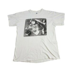 M.C. Escher Reptiles Art Print T-shirt Sz Large 90's 2D Hexagon Alligator Plant